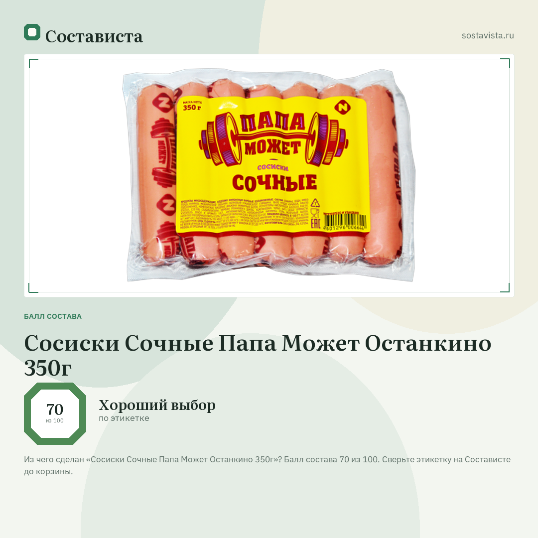 Сосиски Сочные Папа Может Останкино 350г: балл состава 70 из 100 — Состависта