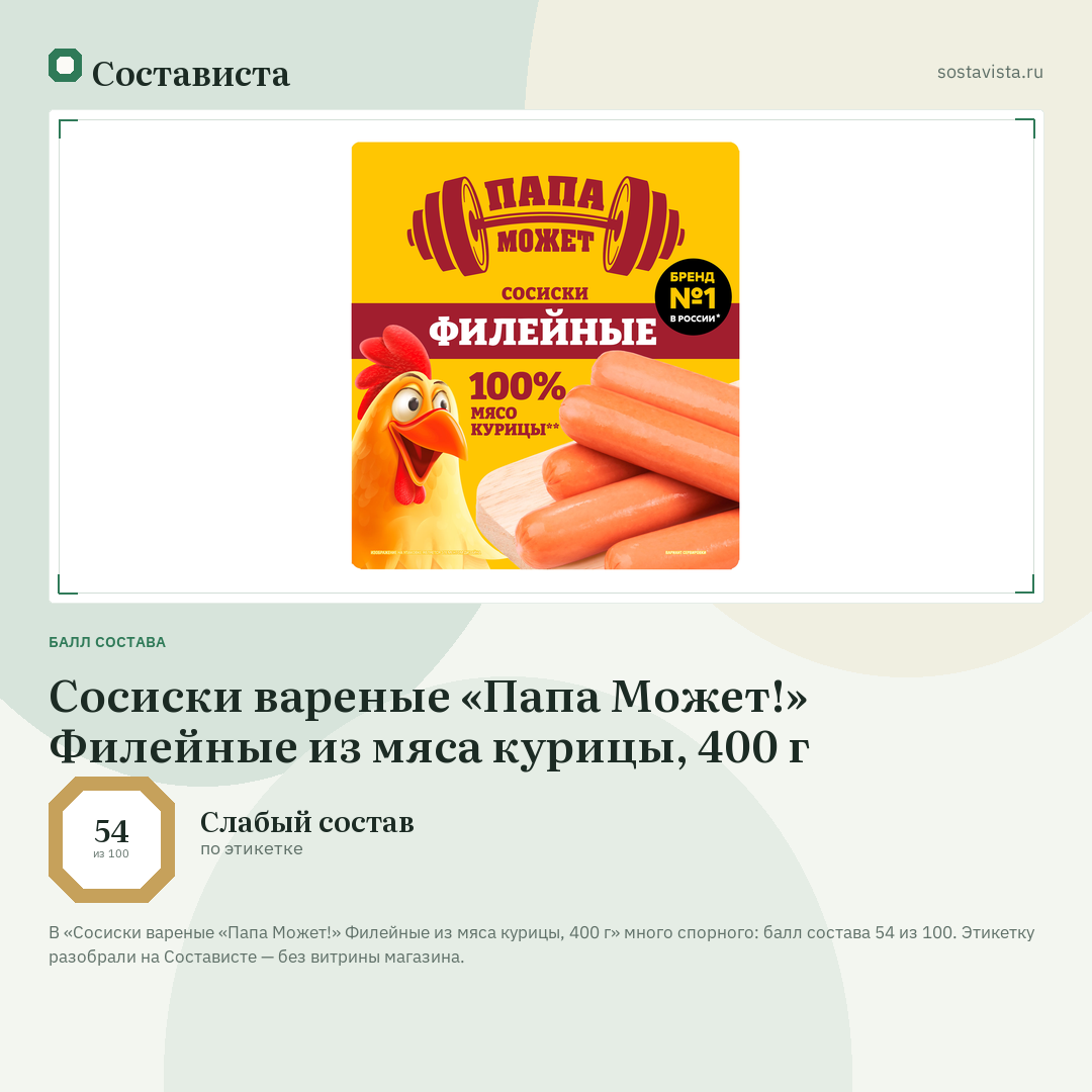 Сосиски вареные «Папа Может!» Филейные из мяса курицы, 400 г: балл состава 54 из 100 — Состависта