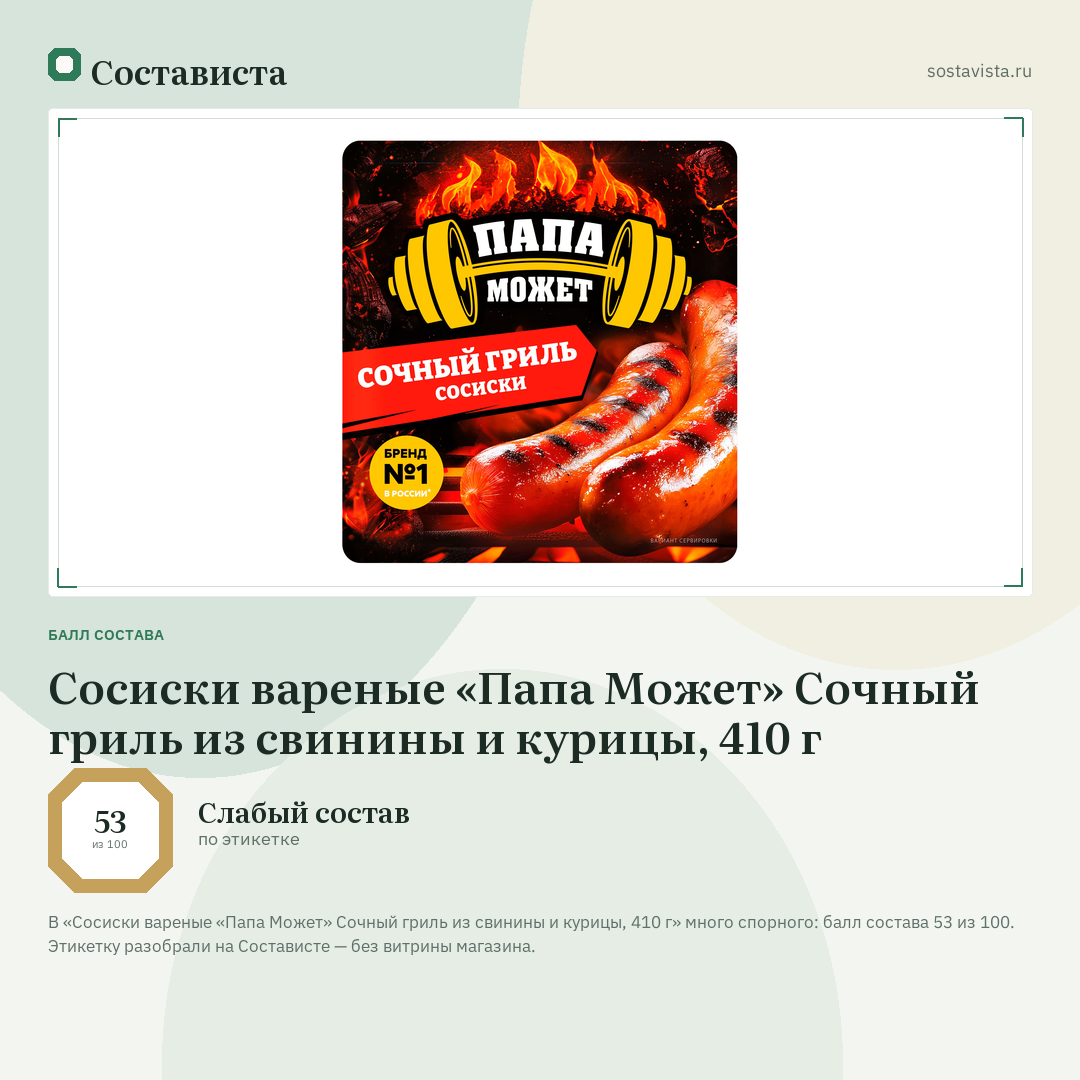 Сосиски вареные «Папа Может» Сочный гриль из свинины и курицы, 410 г: балл состава 53 из 100 — Состависта