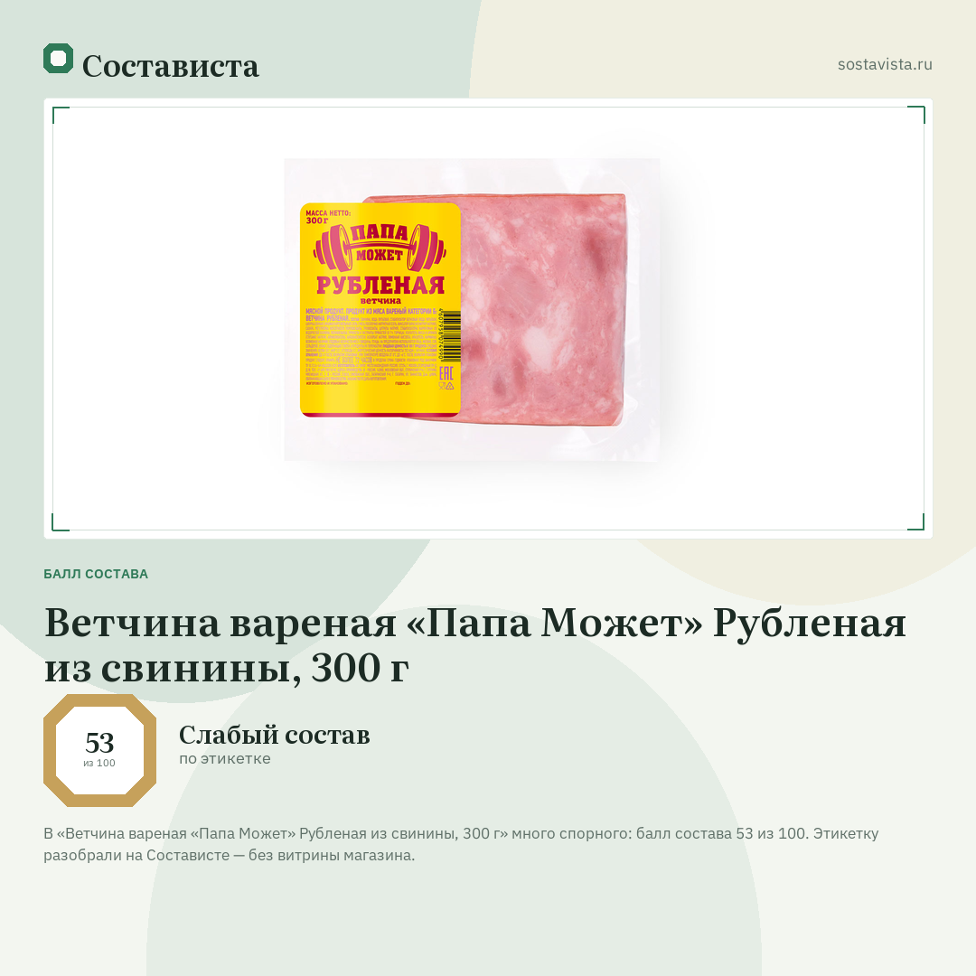 Ветчина вареная «Папа Может» Рубленая из свинины, 300 г: балл состава 53 из 100 — Состависта