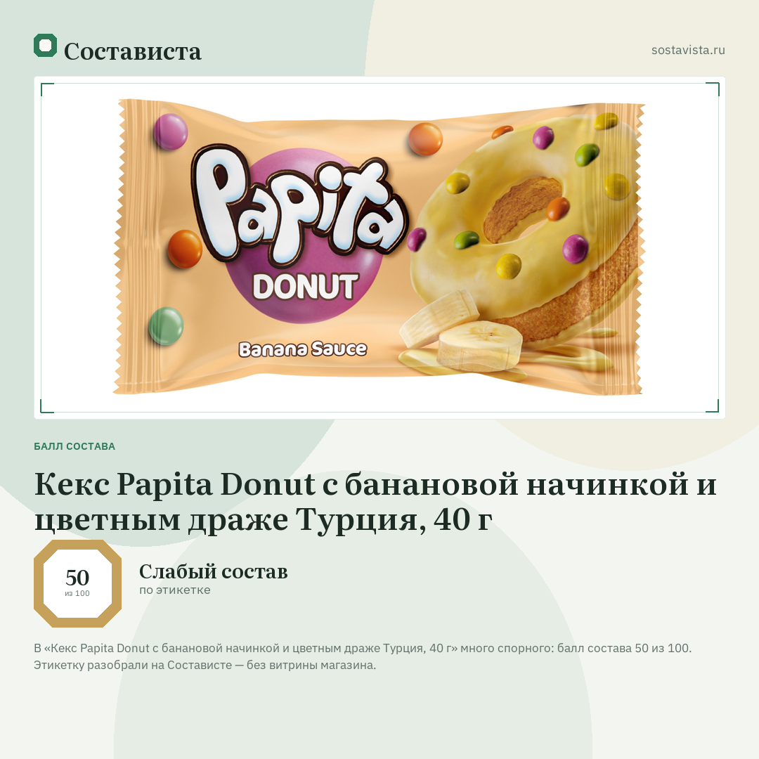 Кекс Papita Donut с банановой начинкой и цветным драже Турция, 40 г: балл состава 50 из 100 — Состависта