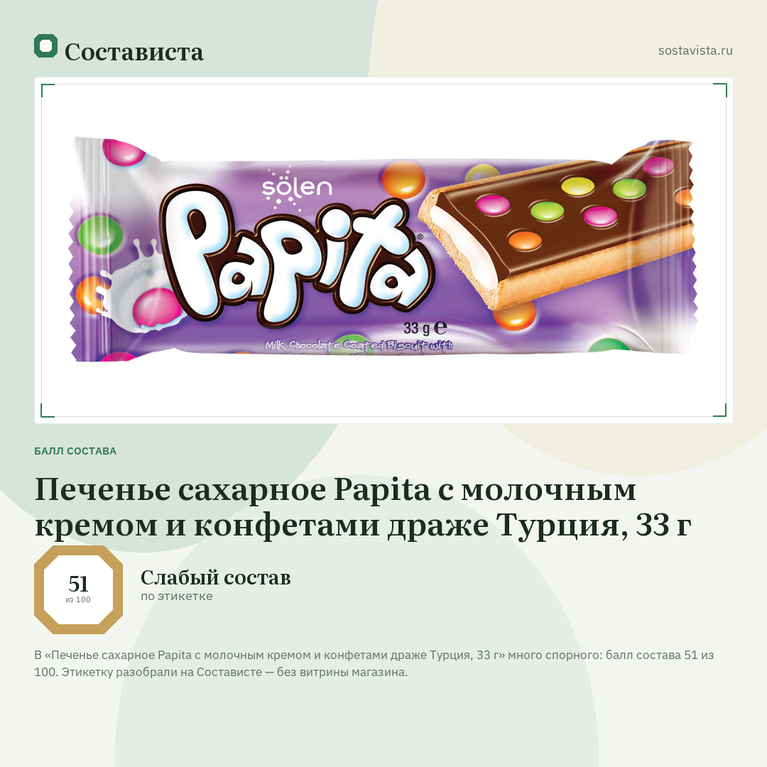 Печенье сахарное Papita с молочным кремом и конфетами драже Турция, 33 г: балл состава 51 из 100 — Состависта