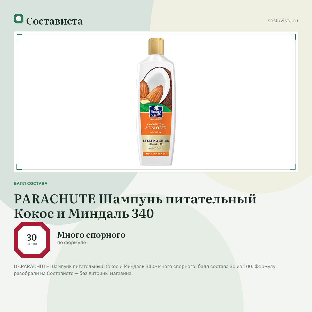 PARACHUTE Шампунь питательный Кокос и Миндаль 340: балл состава 30 из 100 — Состависта