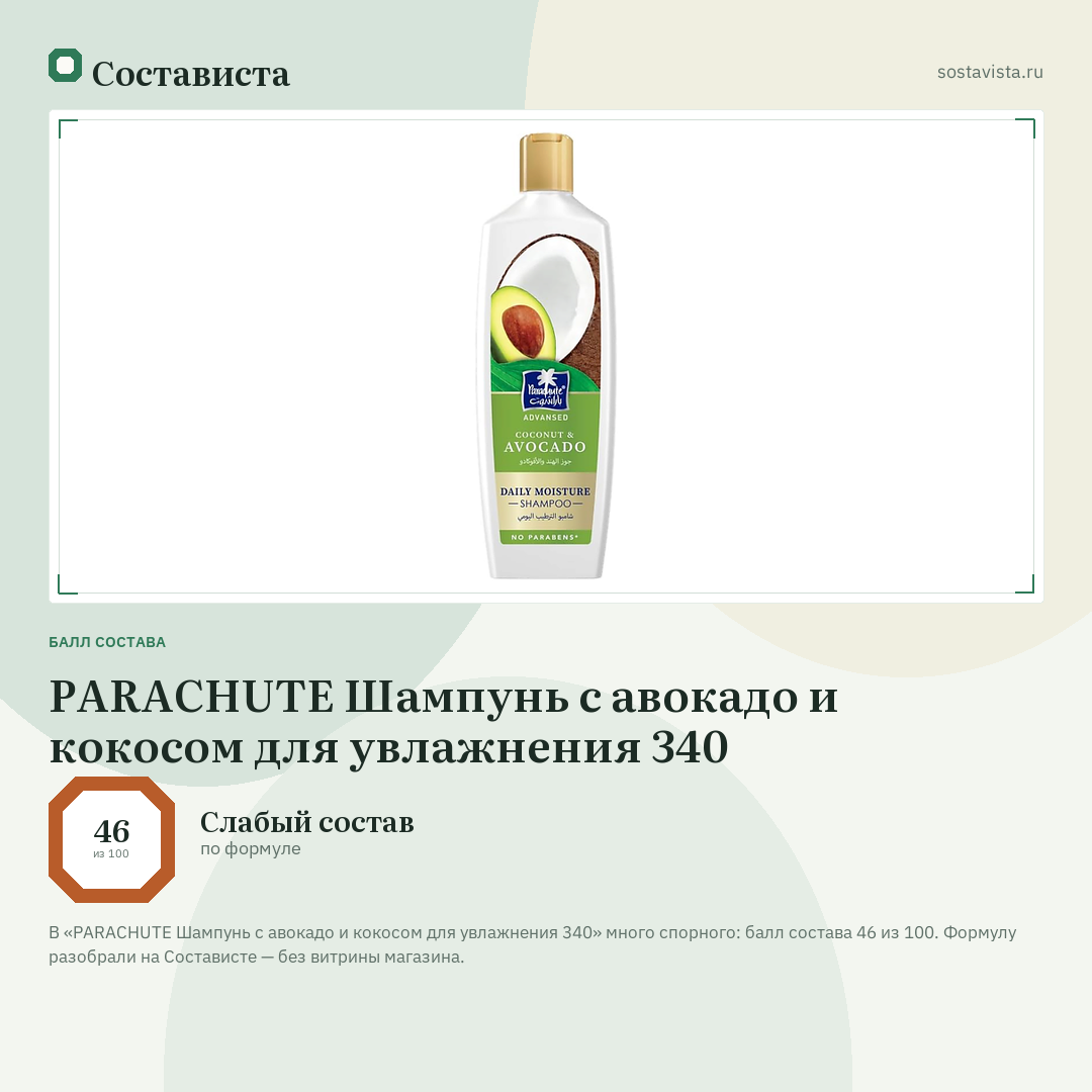 PARACHUTE Шампунь с авокадо и кокосом для увлажнения 340: балл состава 46 из 100 — Состависта