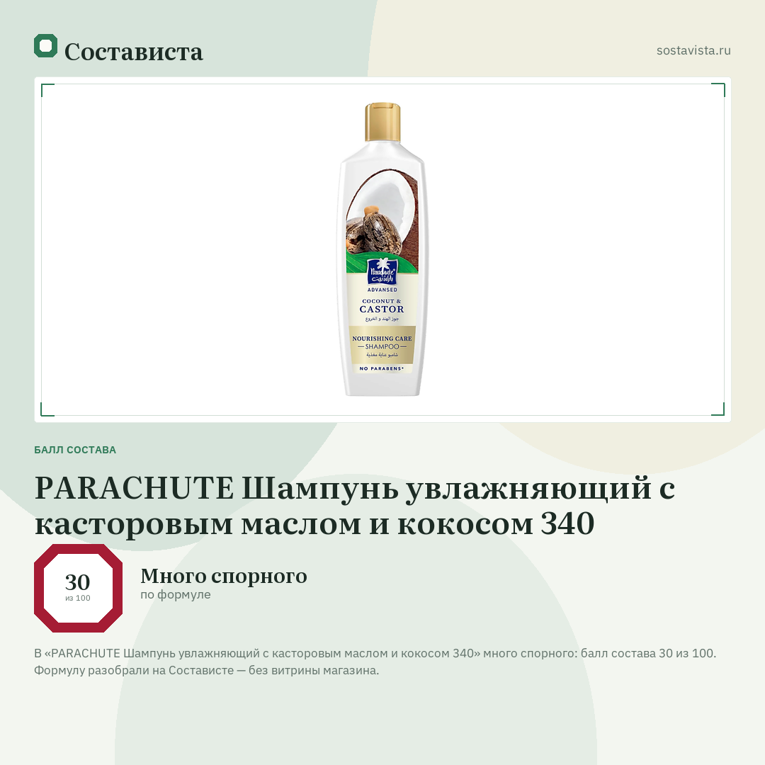 PARACHUTE Шампунь увлажняющий с касторовым маслом и кокосом 340: балл состава 30 из 100 — Состависта