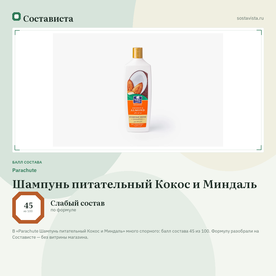 Parachute Шампунь питательный Кокос и Миндаль: балл состава 45 из 100 — Состависта