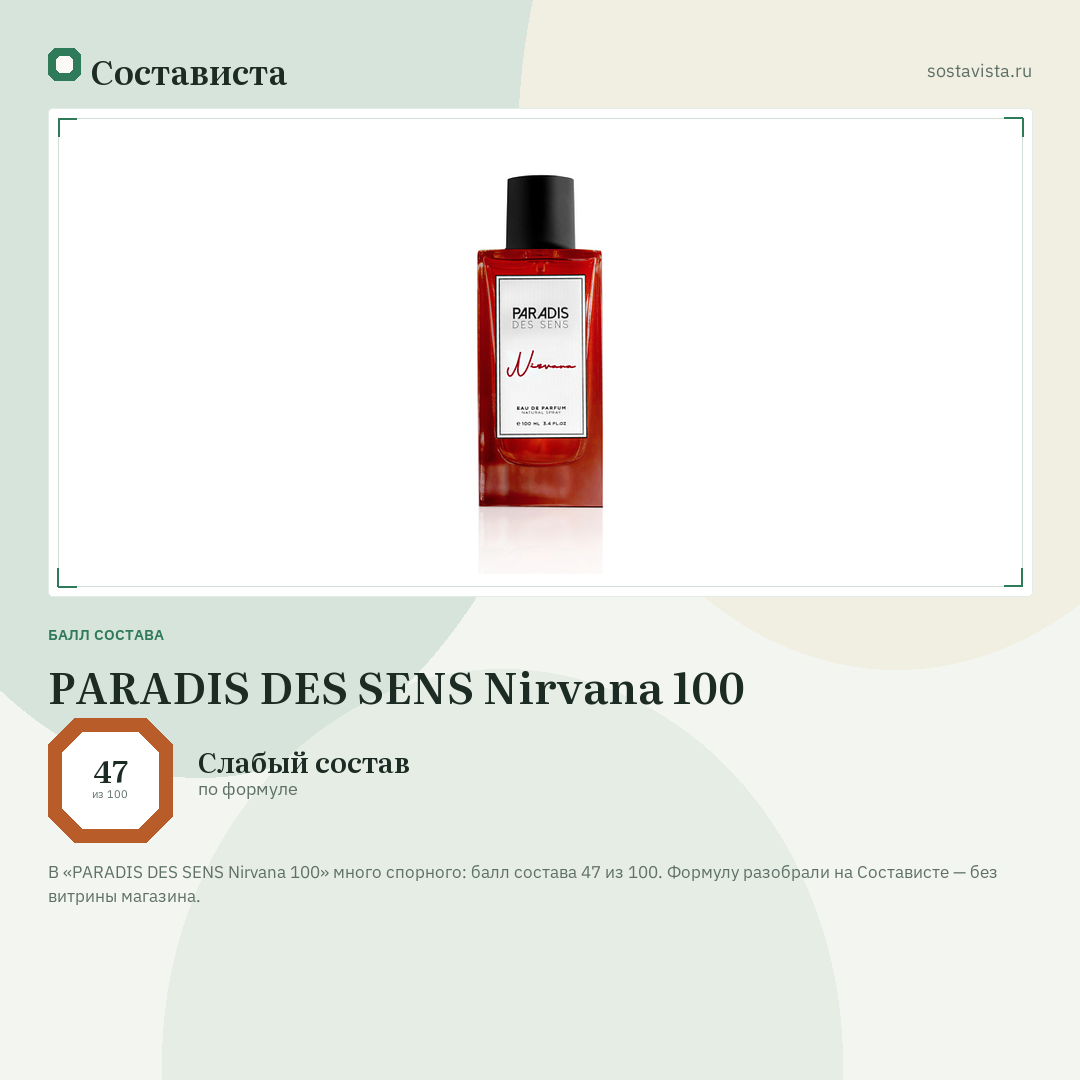PARADIS DES SENS Nirvana 100: балл состава 47 из 100 — Состависта