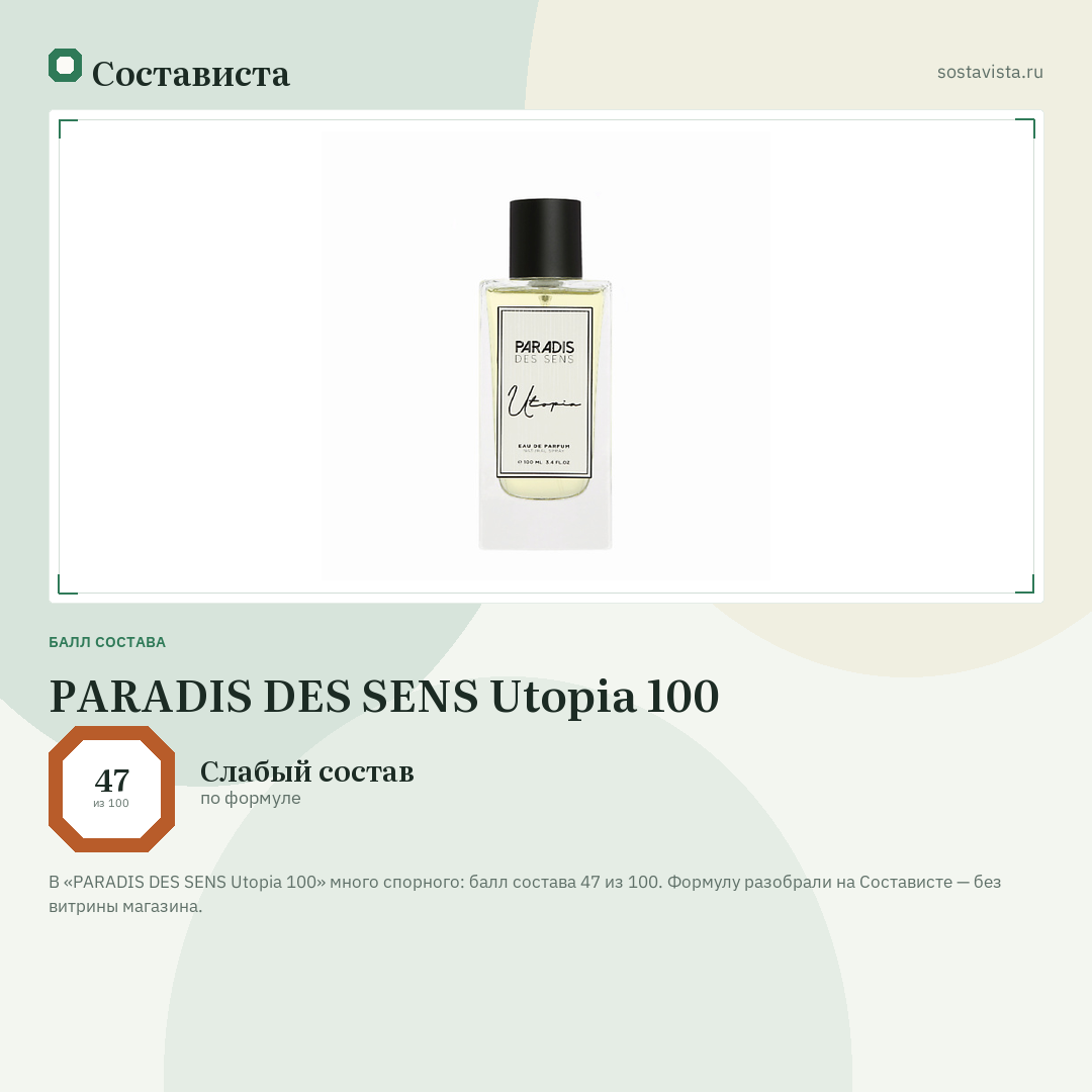 PARADIS DES SENS Utopia 100: балл состава 47 из 100 — Состависта