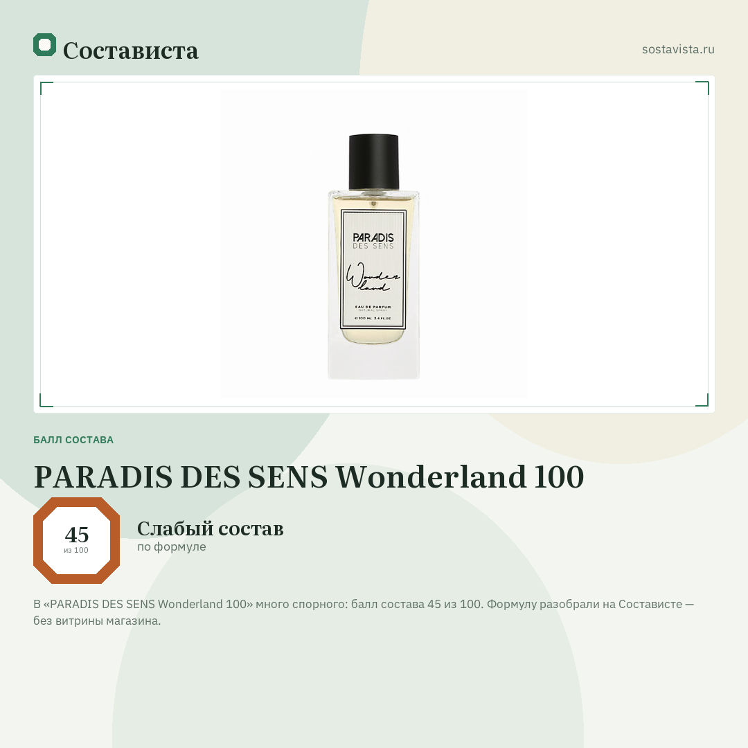 PARADIS DES SENS Wonderland 100: балл состава 45 из 100 — Состависта