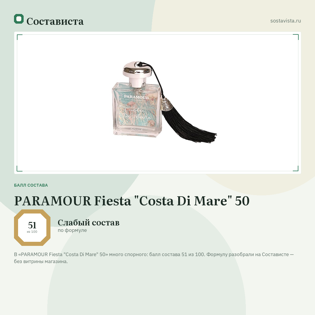 PARAMOUR Fiesta "Costa Di Mare" 50: балл состава 51 из 100 — Состависта