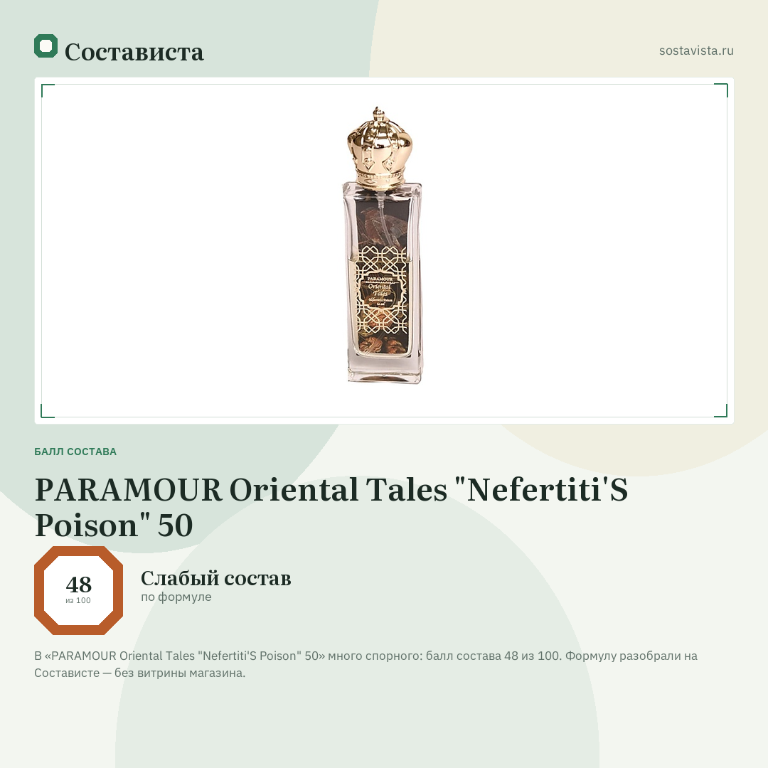 PARAMOUR Oriental Tales "Nefertiti'S Poison" 50: балл состава 48 из 100 — Состависта
