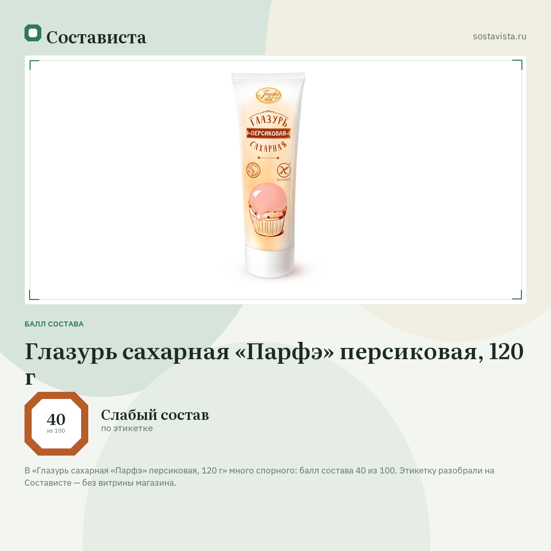 Глазурь сахарная «Парфэ» персиковая, 120 г: балл состава 40 из 100 — Состависта