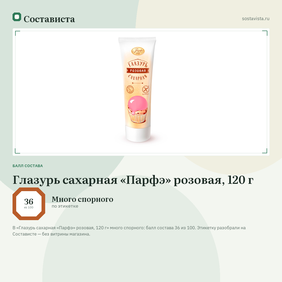 Глазурь сахарная «Парфэ» розовая, 120 г: балл состава 36 из 100 — Состависта