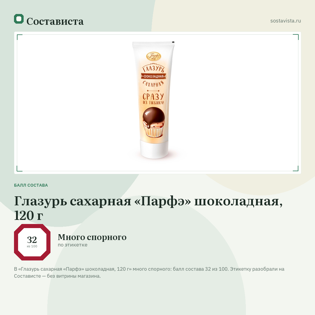 Глазурь сахарная «Парфэ» шоколадная, 120 г: балл состава 32 из 100 — Состависта