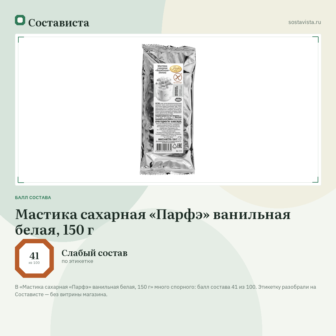 Мастика сахарная «Парфэ» ванильная белая, 150 г: балл состава 41 из 100 — Состависта