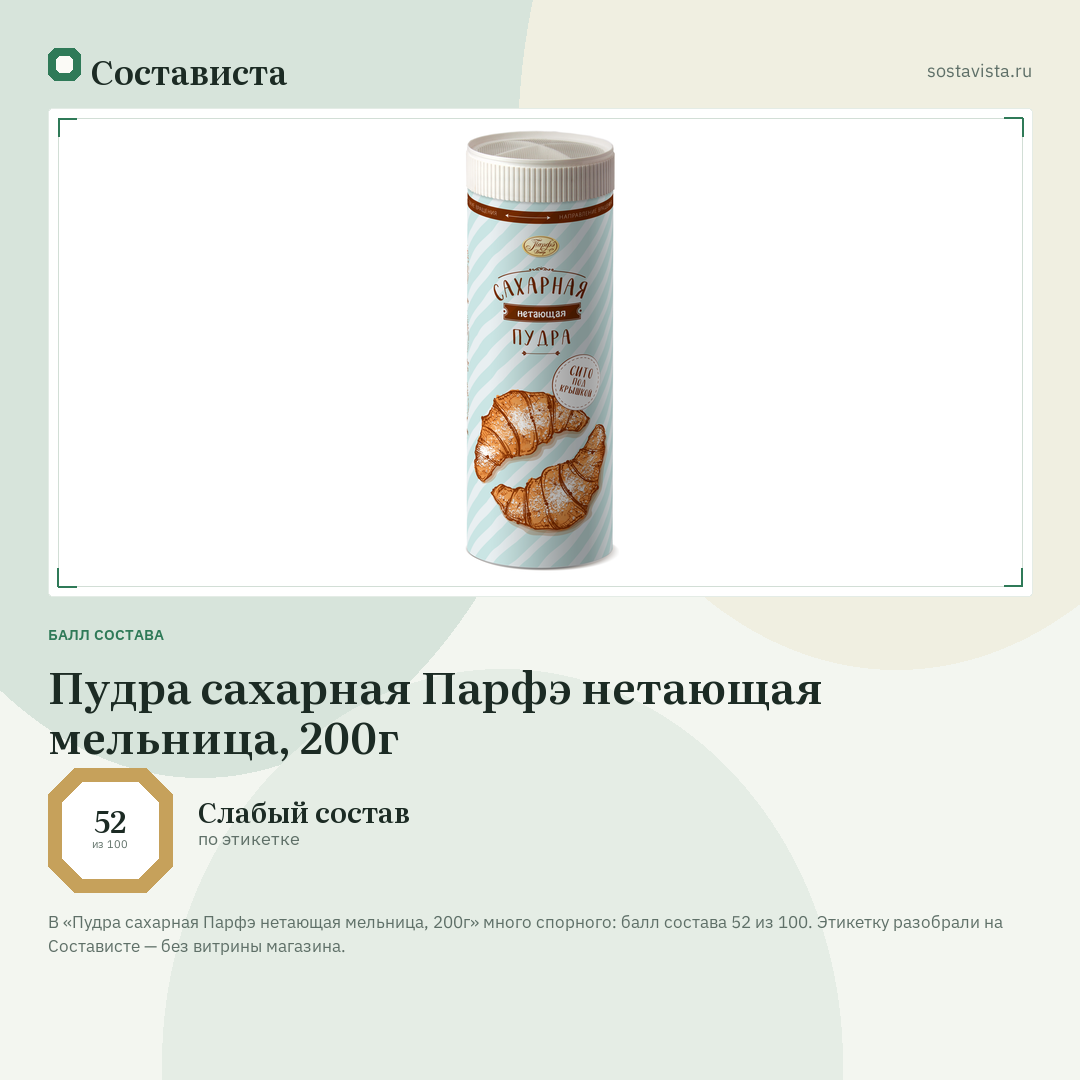 Пудра сахарная Парфэ нетающая мельница, 200г: балл состава 52 из 100 — Состависта