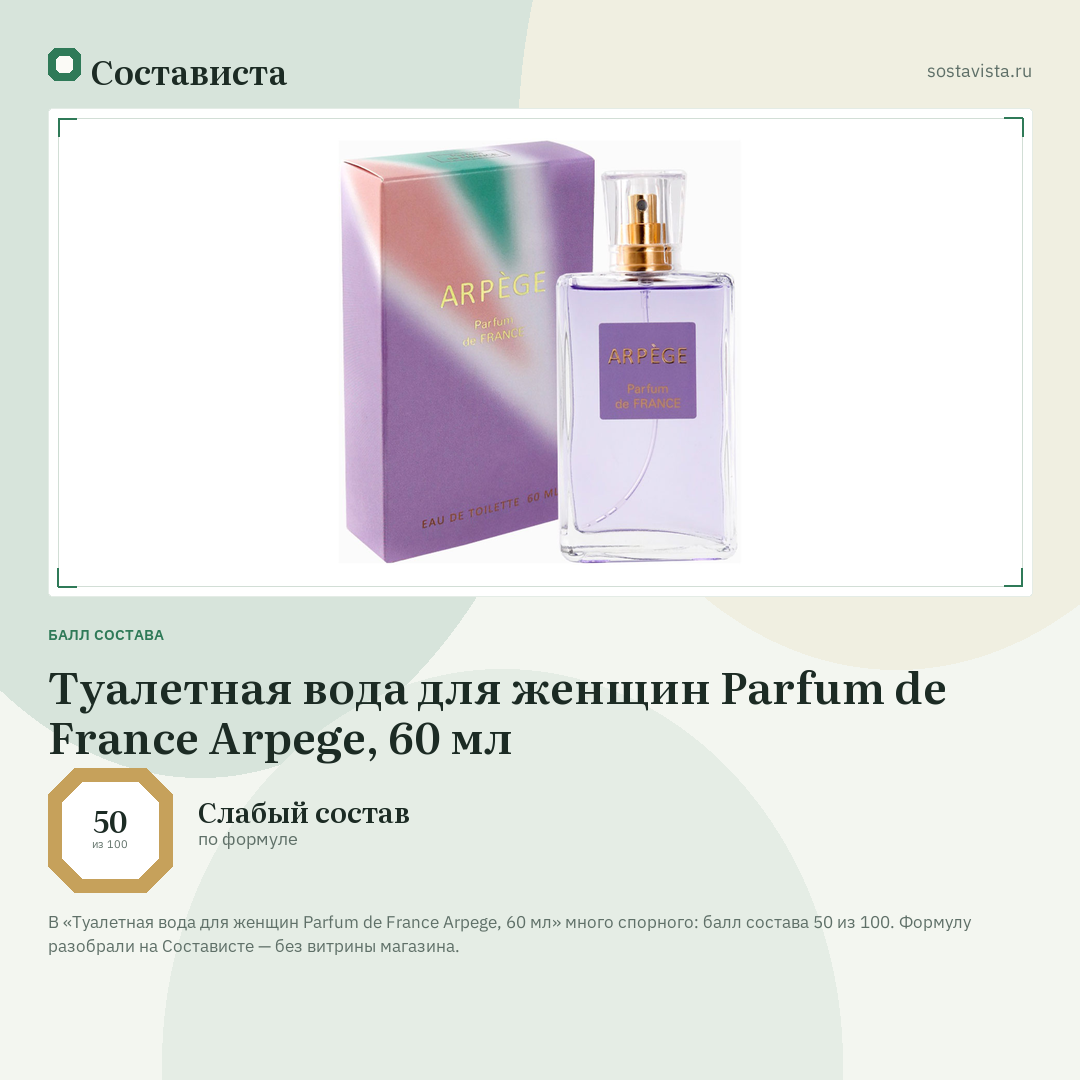 Туалетная вода для женщин Parfum de France Arpege, 60 мл: балл состава 50 из 100 — Состависта