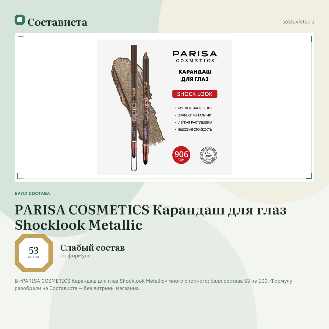 PARISA COSMETICS Карандаш для глаз Shocklook Metalliс: балл состава 53 из 100 — Состависта