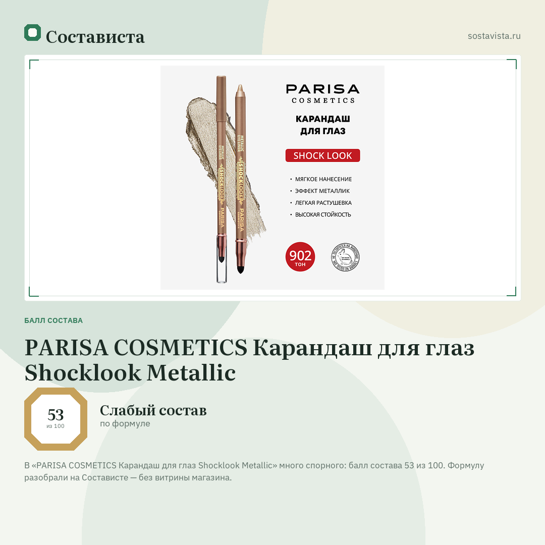 PARISA COSMETICS Карандаш для глаз Shocklook Metalliс: балл состава 53 из 100 — Состависта
