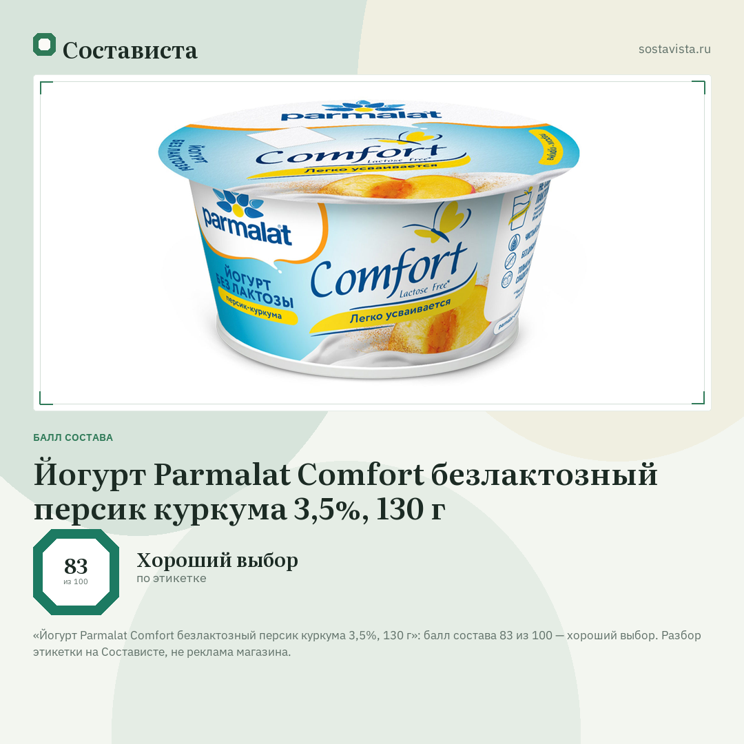 Йогурт Parmalat Comfort безлактозный персик куркума 3,5%, 130 г: балл состава 83 из 100 — Состависта