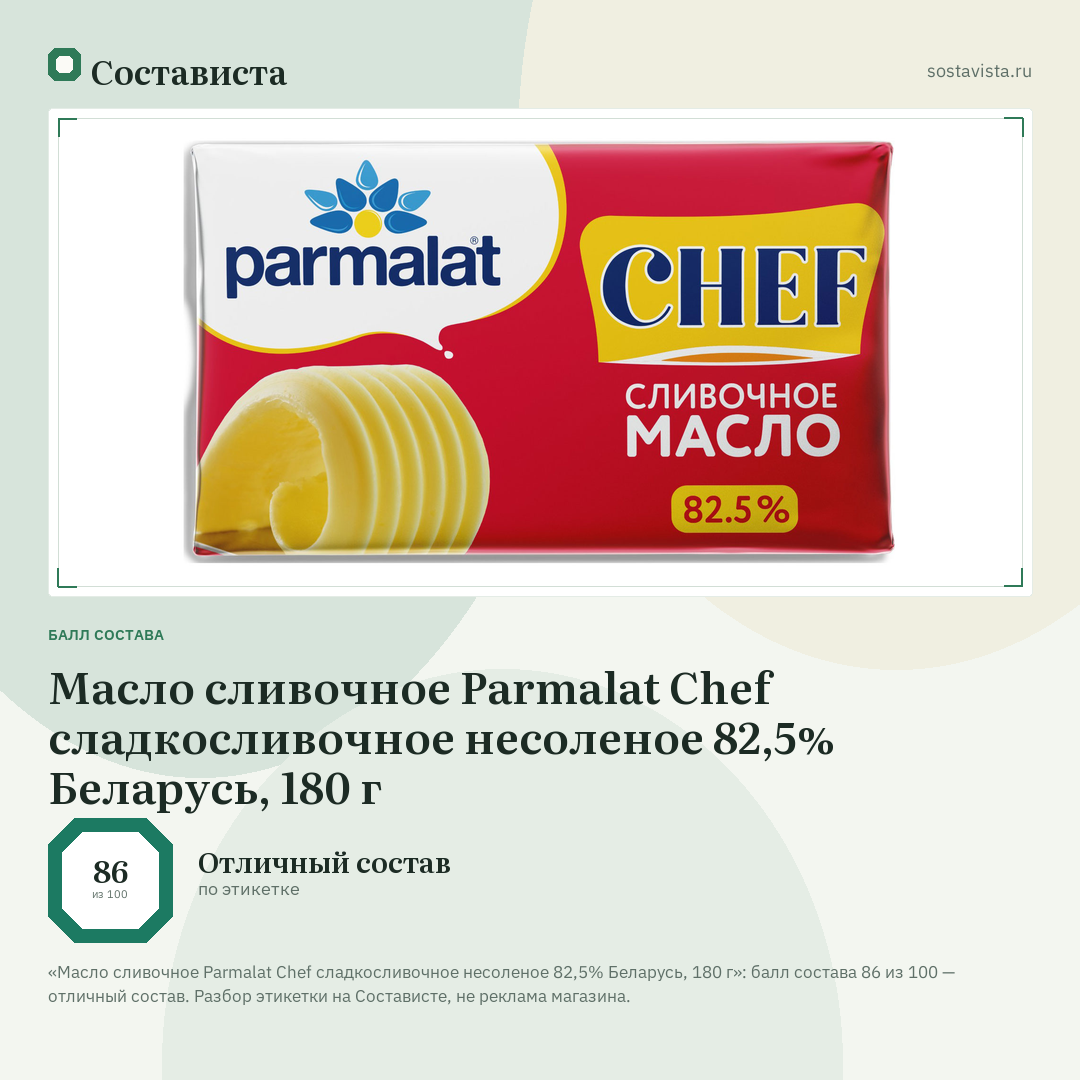 Масло сливочное Parmalat Chef сладкосливочное несоленое 82,5% Беларусь, 180 г: балл состава 86 из 100 — Состависта