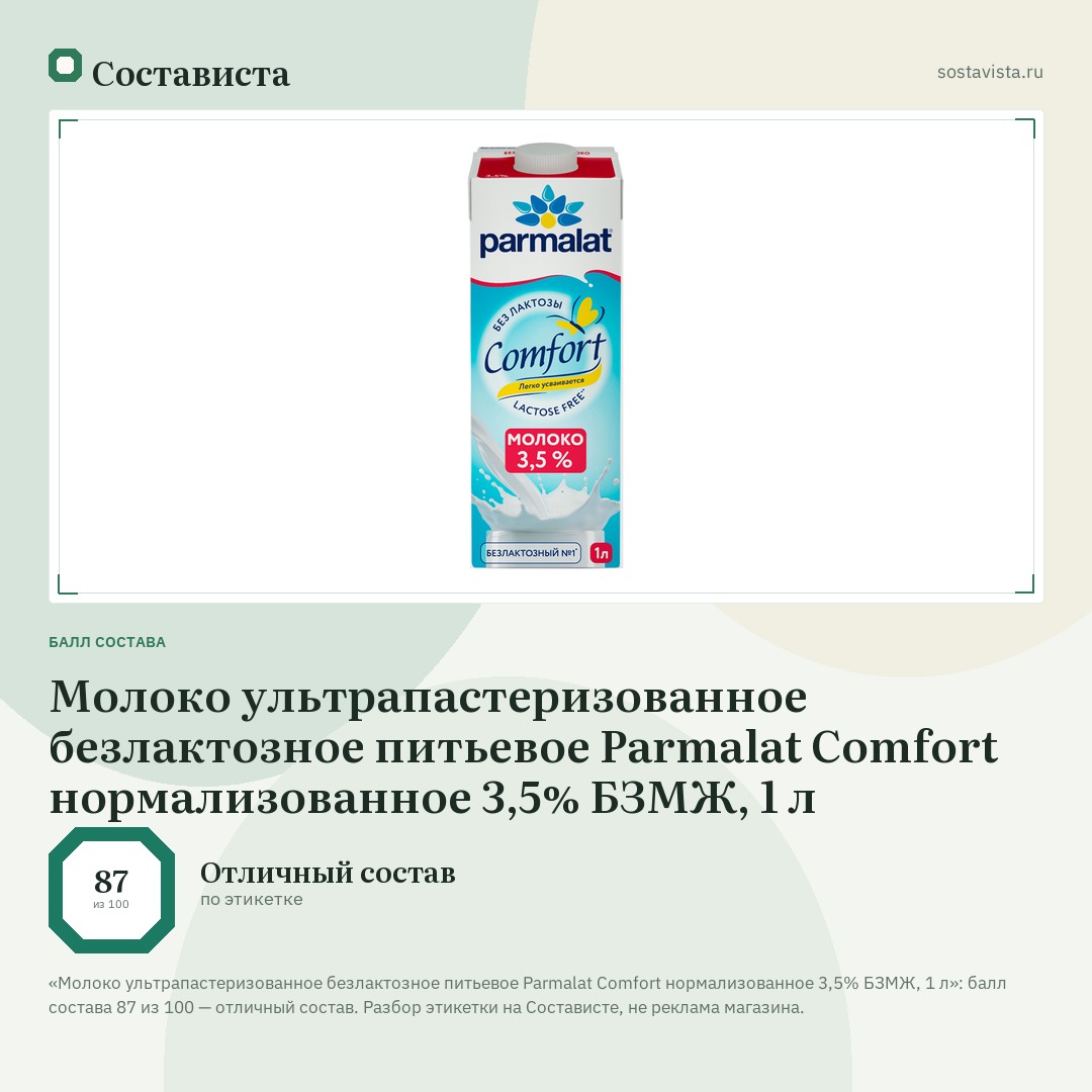 Молоко ультрапастеризованное безлактозное питьевое Parmalat Comfort нормализованное 3,5% БЗМЖ, 1 л: балл состава 87 из 100 — Состависта