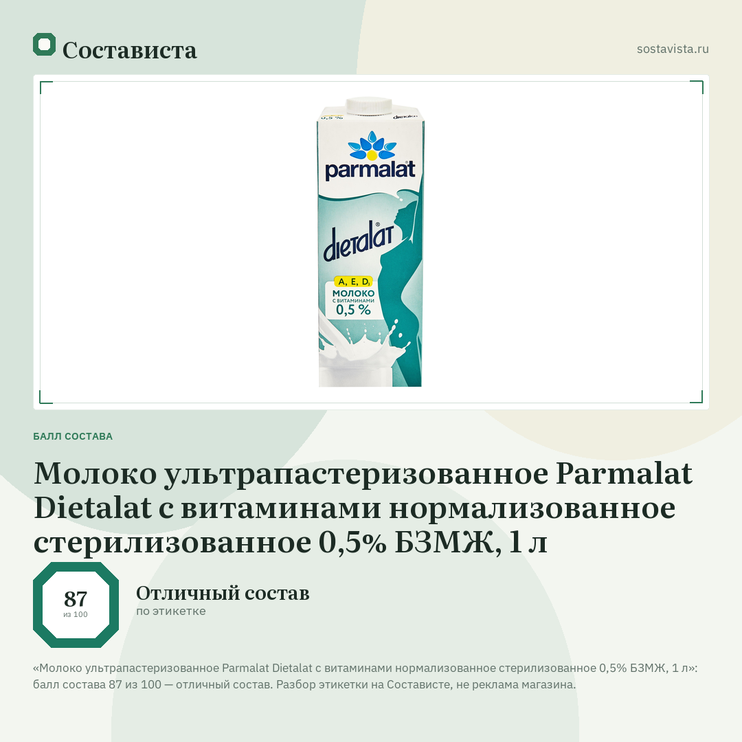 Молоко ультрапастеризованное Parmalat Dietalat с витаминами нормализованное стерилизованное 0,5% БЗМЖ, 1 л: балл состава 87 из 100 — Состависта