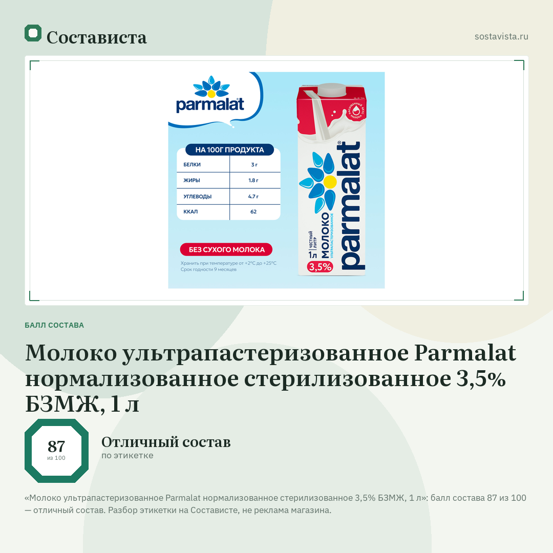 Молоко ультрапастеризованное Parmalat нормализованное стерилизованное 3,5% БЗМЖ, 1 л: балл состава 87 из 100 — Состависта
