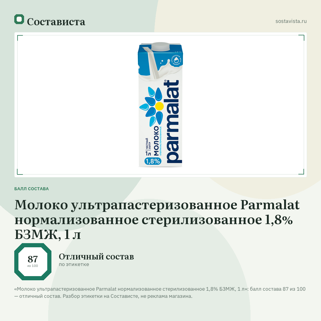 Молоко ультрапастеризованное Parmalat нормализованное стерилизованное 1,8% БЗМЖ, 1 л: балл состава 87 из 100 — Состависта