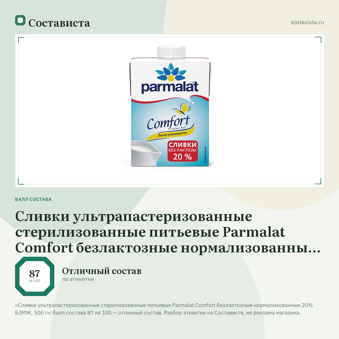 Сливки ультрапастеризованные стерилизованные питьевые Parmalat Comfort безлактозные нормализованные 20% БЗМЖ, 500 г: балл состава 87 из 100 — Состависта