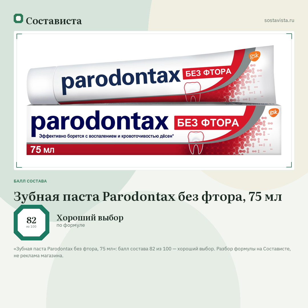 Зубная паста Parodontax без фтора, 75 мл: балл состава 82 из 100 — Состависта