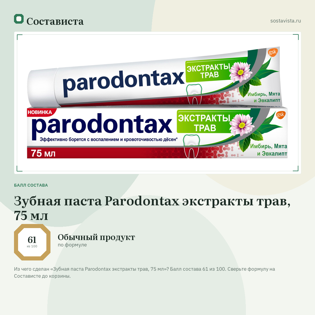 Зубная паста Parodontax экстракты трав, 75 мл: балл состава 61 из 100 — Состависта