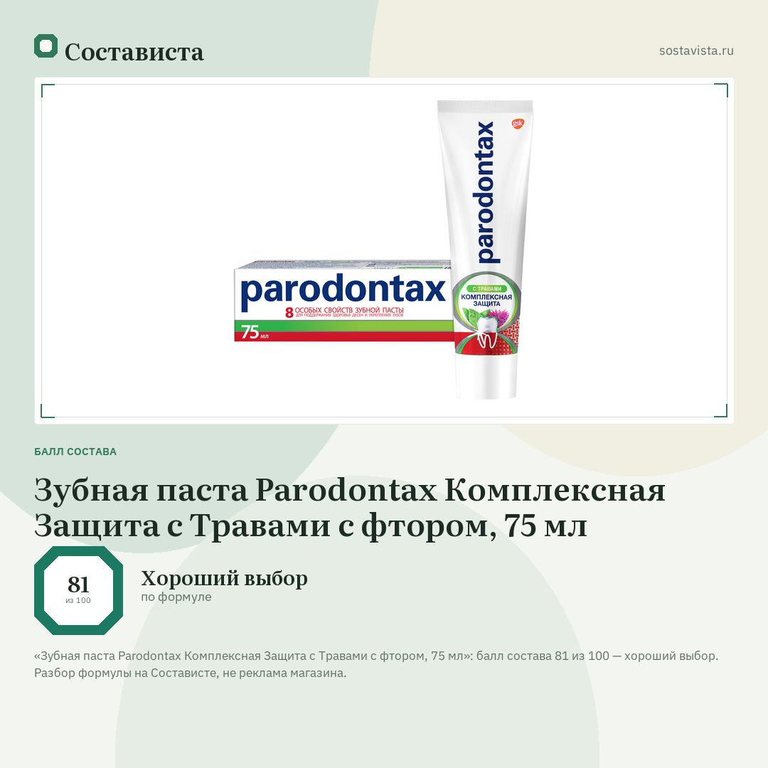 Зубная паста Parodontax Комплексная Защита с Травами с фтором, 75 мл: балл состава 81 из 100 — Состависта