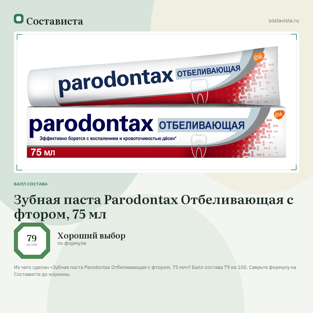 Зубная паста Parodontax Отбеливающая с фтором, 75 мл: балл состава 79 из 100 — Состависта
