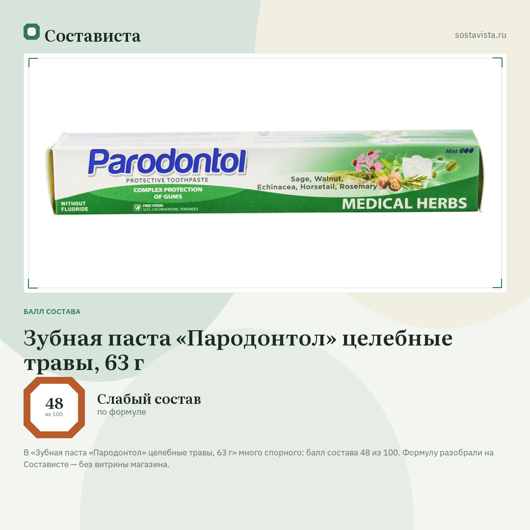 Зубная паста «Пародонтол» целебные травы, 63 г: балл состава 48 из 100 — Состависта