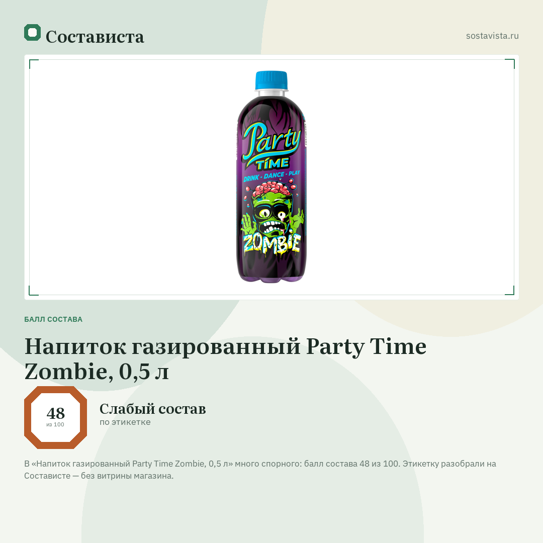 Напиток газированный Party Time Zombie, 0,5 л: балл состава 48 из 100 — Состависта