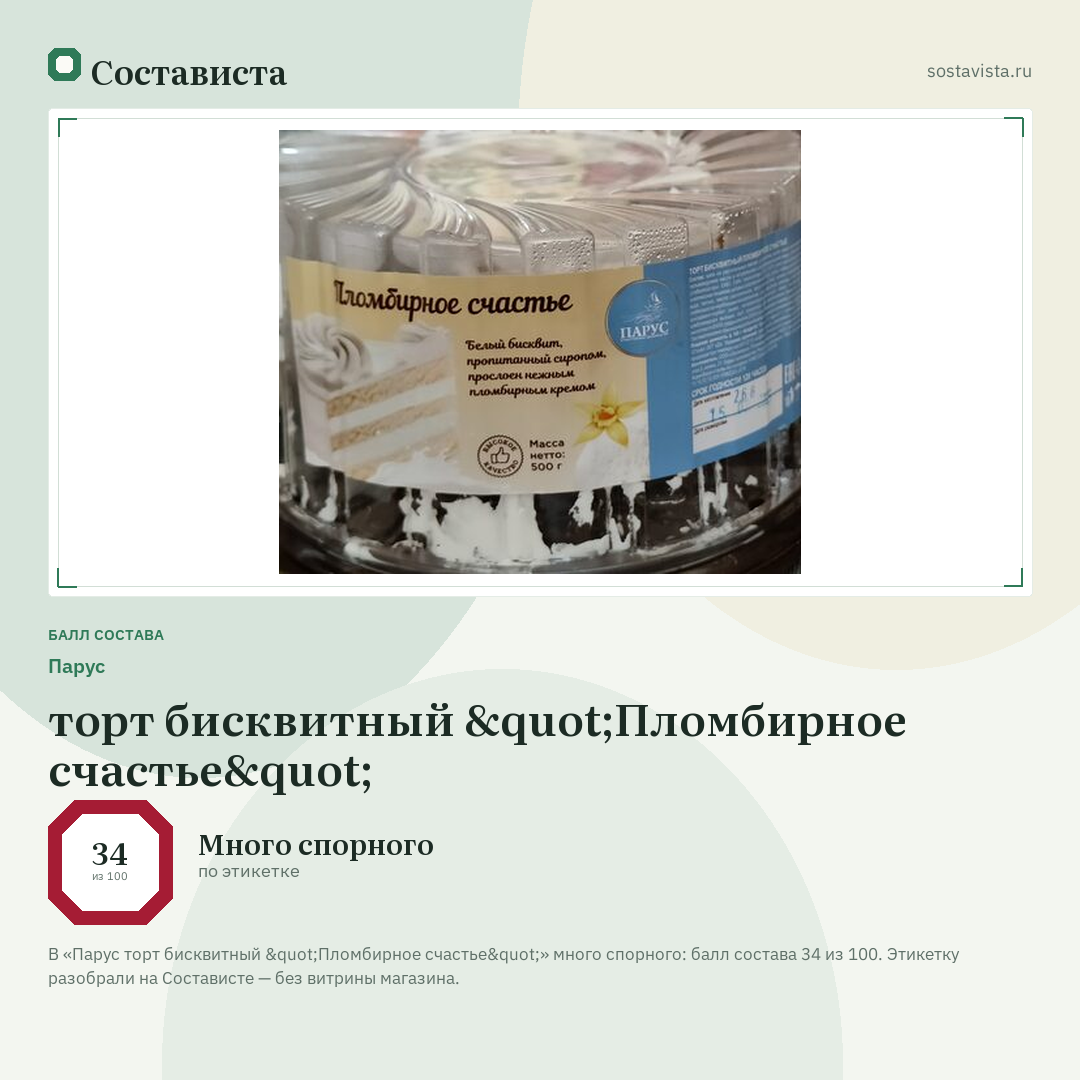 Парус торт бисквитный "Пломбирное счастье": балл состава 34 из 100 — Состависта