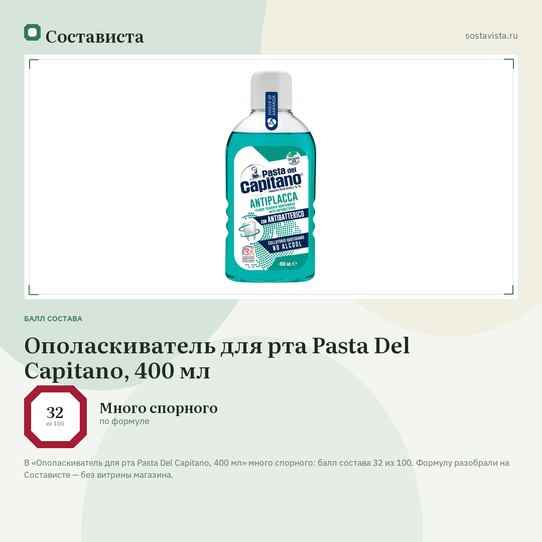 Ополаскиватель для рта Pasta Del Capitano, 400 мл: балл состава 32 из 100 — Состависта