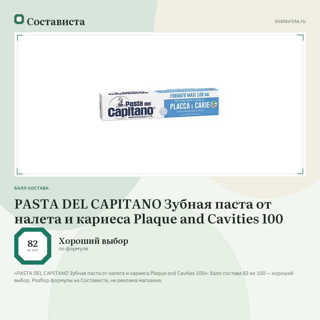 PASTA DEL CAPITANO Зубная паста от налета и кариеса Plaque and Cavities 100: балл состава 82 из 100 — Состависта