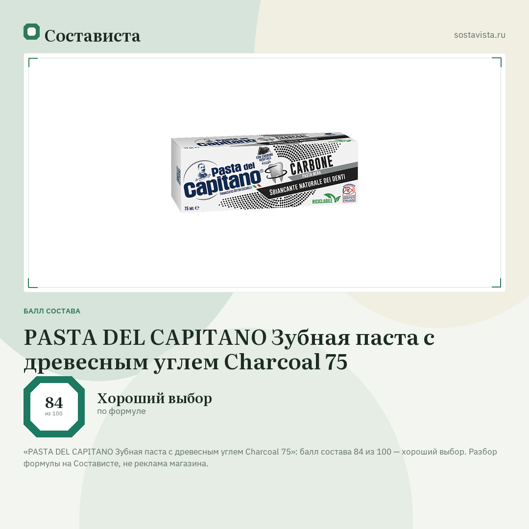 PASTA DEL CAPITANO Зубная паста с древесным углем Charcoal 75: балл состава 84 из 100 — Состависта