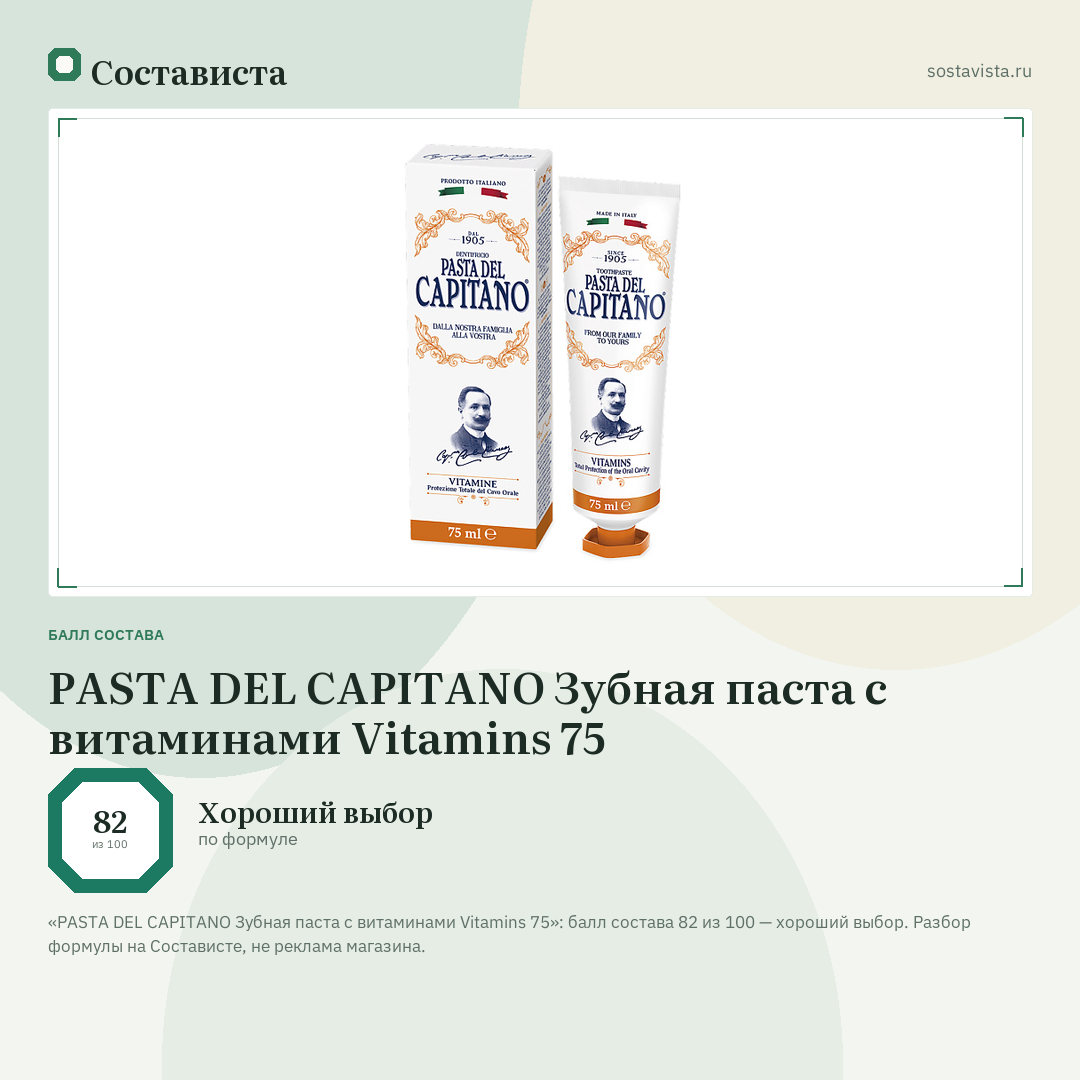 PASTA DEL CAPITANO Зубная паста с витаминами Vitamins 75: балл состава 82 из 100 — Состависта