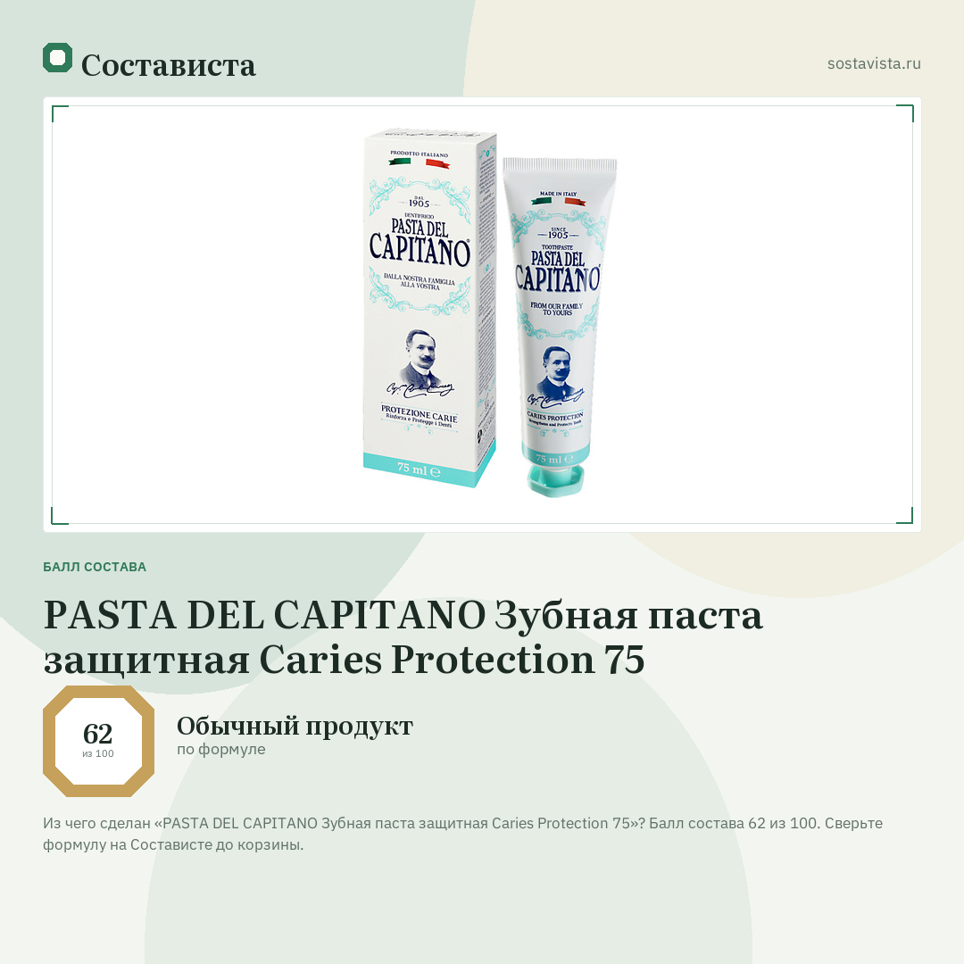 PASTA DEL CAPITANO Зубная паста защитная Caries Protection 75: балл состава 62 из 100 — Состависта