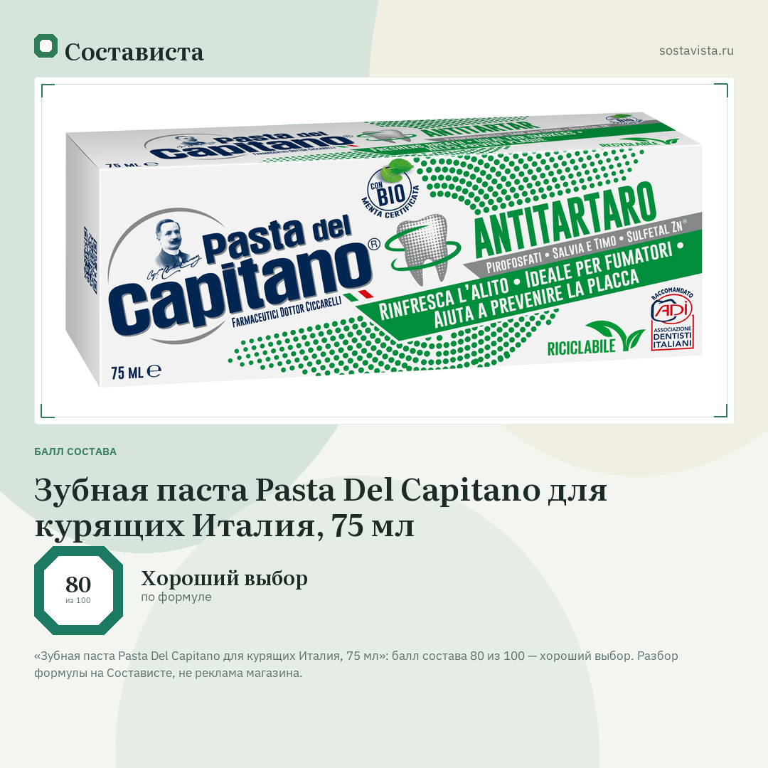Зубная паста Pasta Del Capitano для курящих Италия, 75 мл: балл состава 80 из 100 — Состависта