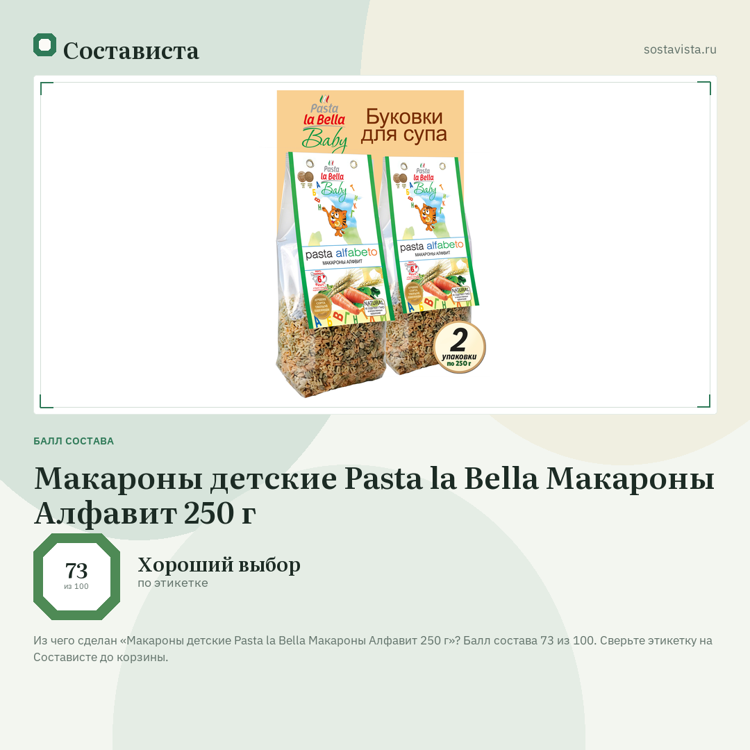 Макароны детские Pasta la Bella Макароны Алфавит 250 г: балл состава 73 из 100 — Состависта