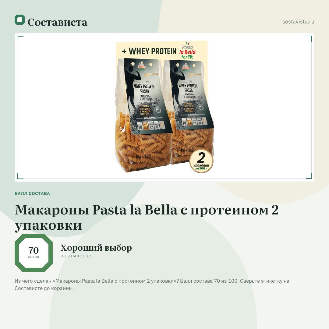 Макароны Pasta la Bella с протеином 2 упаковки: балл состава 70 из 100 — Состависта