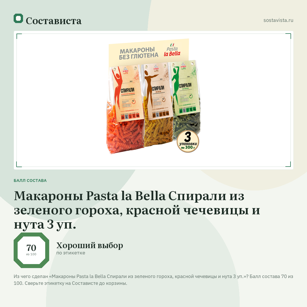 Макароны Pasta la Bella Спирали из зеленого гороха, красной чечевицы и нута 3 уп.: балл состава 70 из 100 — Состависта