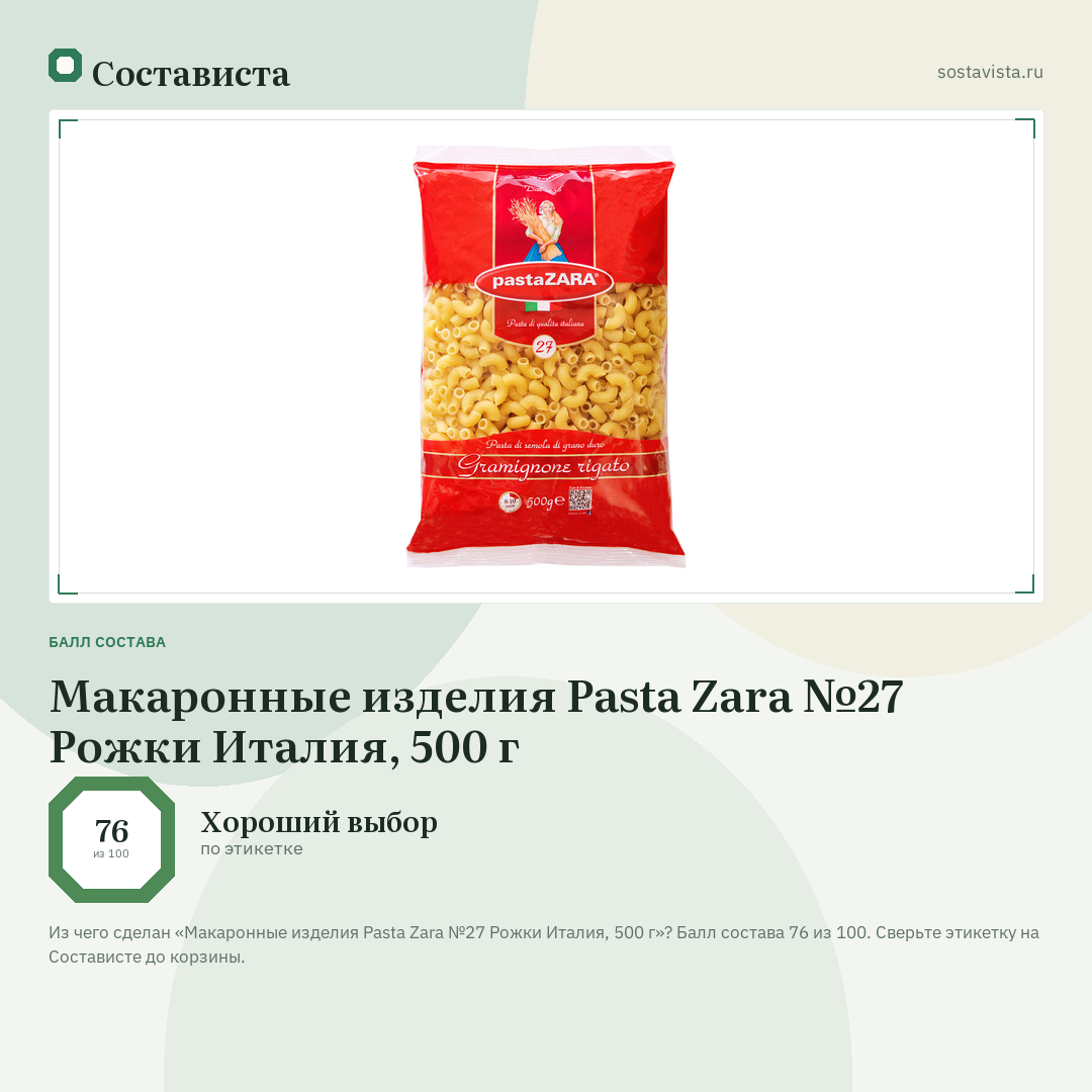 Макаронные изделия Pasta Zara №27 Рожки Италия, 500 г: балл состава 76 из 100 — Состависта