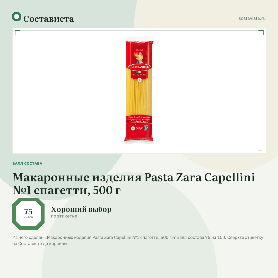 Макаронные изделия Pasta Zara Capellini №1 спагетти, 500 г: балл состава 75 из 100 — Состависта