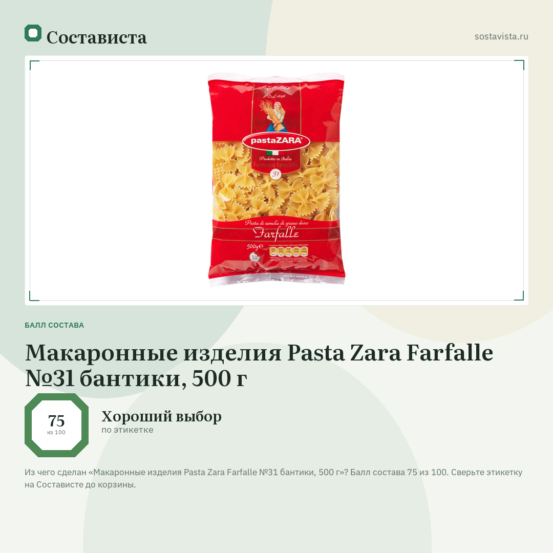 Макаронные изделия Pasta Zara Farfalle №31 бантики, 500 г: балл состава 75 из 100 — Состависта