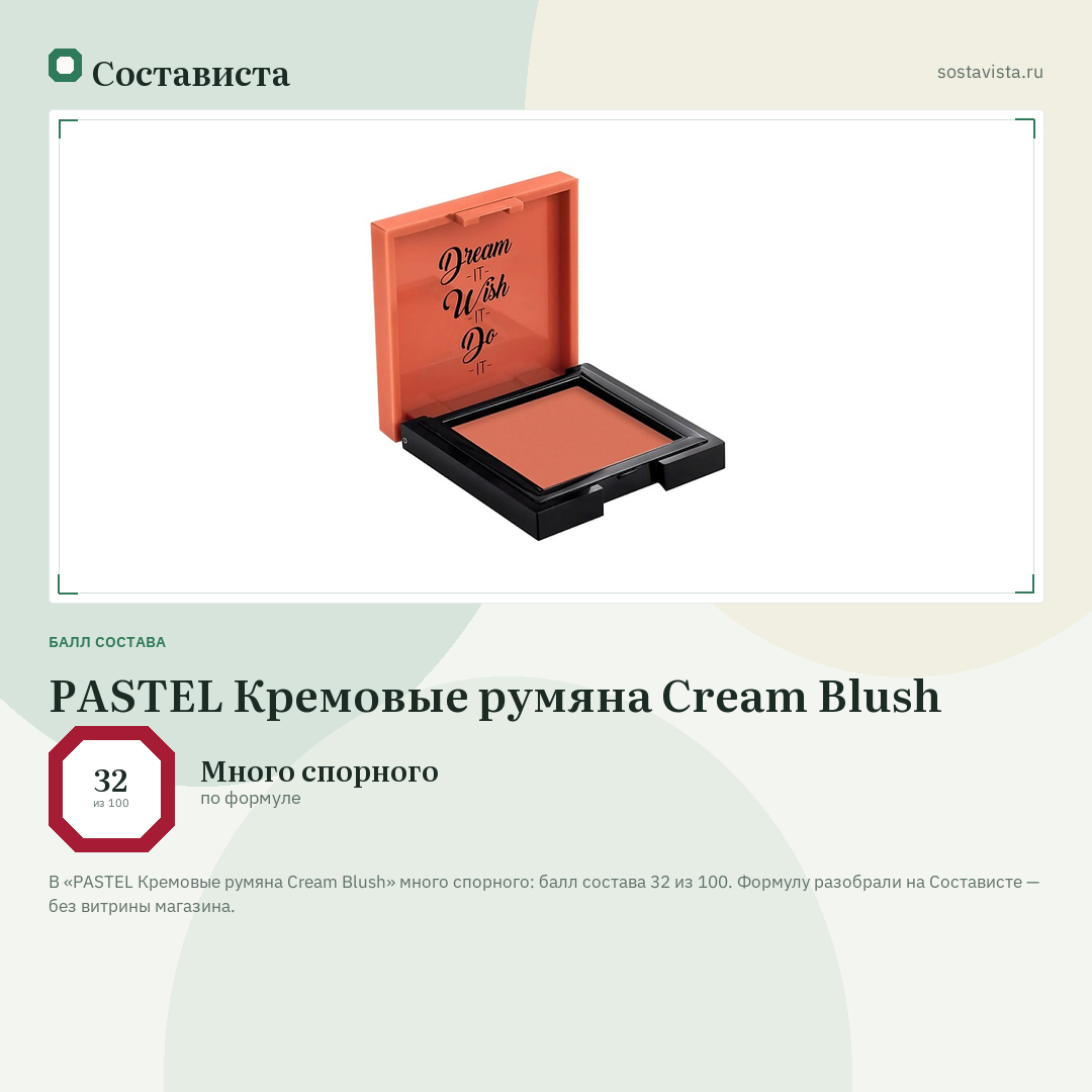 PASTEL Кремовые румяна Cream Blush: балл состава 32 из 100 — Состависта